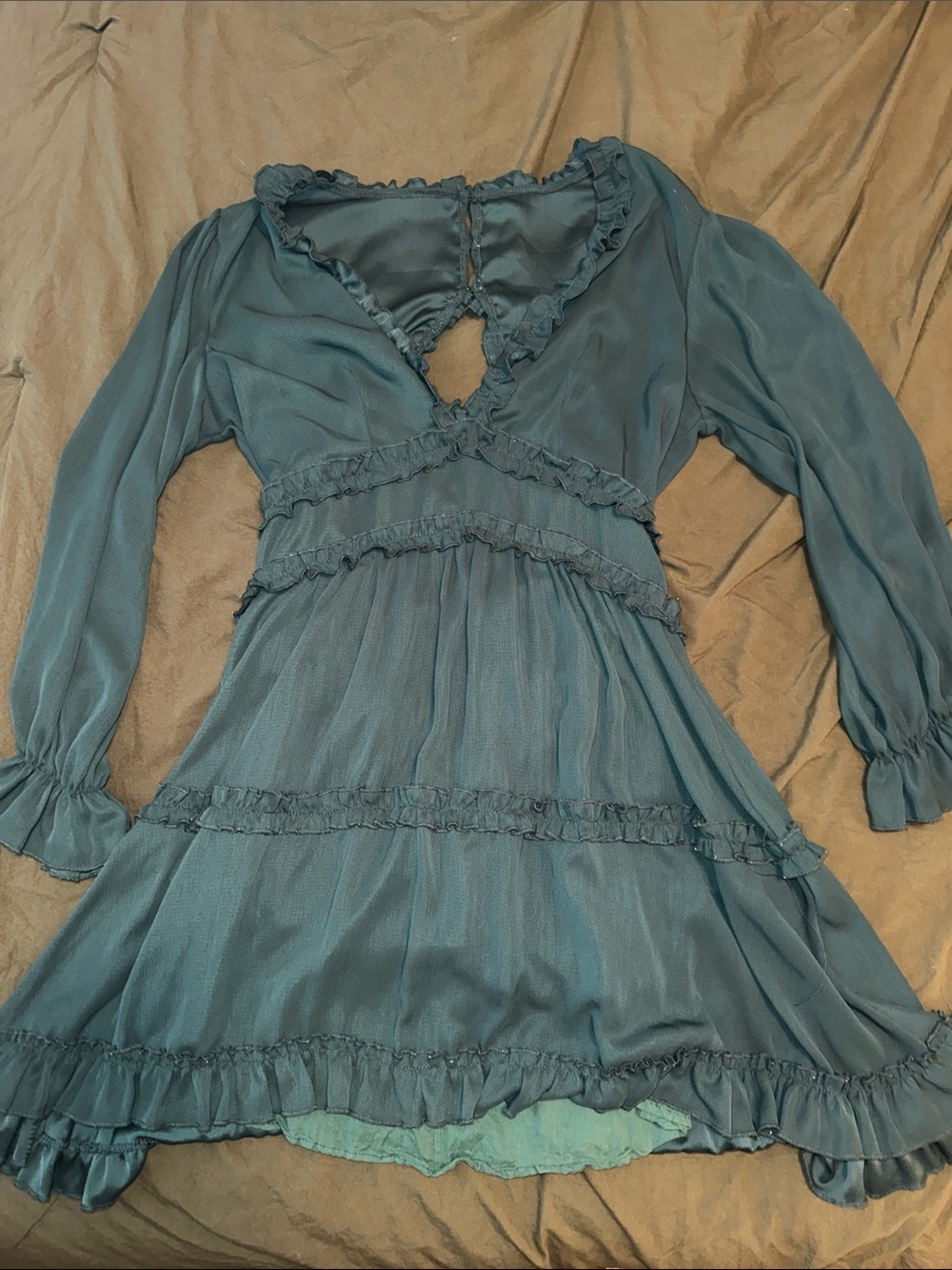 Amazon Teal Backless Ruffle Long Sleeve Dress